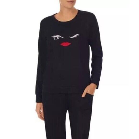 Kate Spade New York Eye Wink Red Lips Lounge Top Black‎ Poly Blend Long Sleeve M - Picture 5 of 5